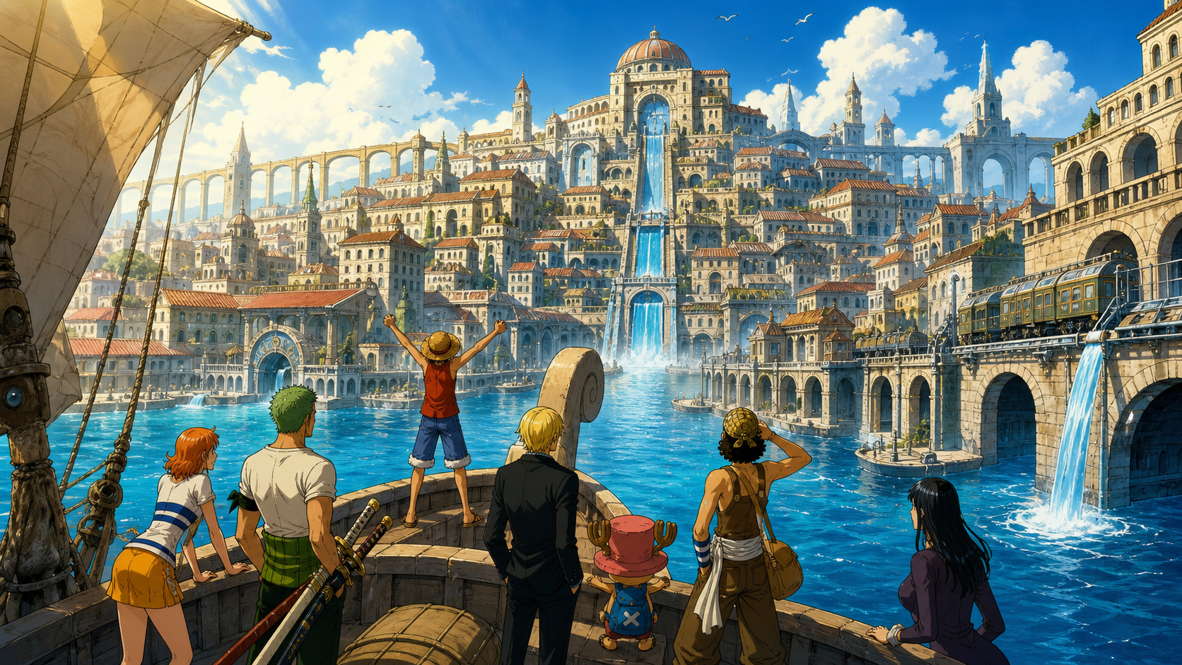 The Straw Hat crew approaches the tiered canals, waterfalls, bridges, and sea-train tracks of Water 7