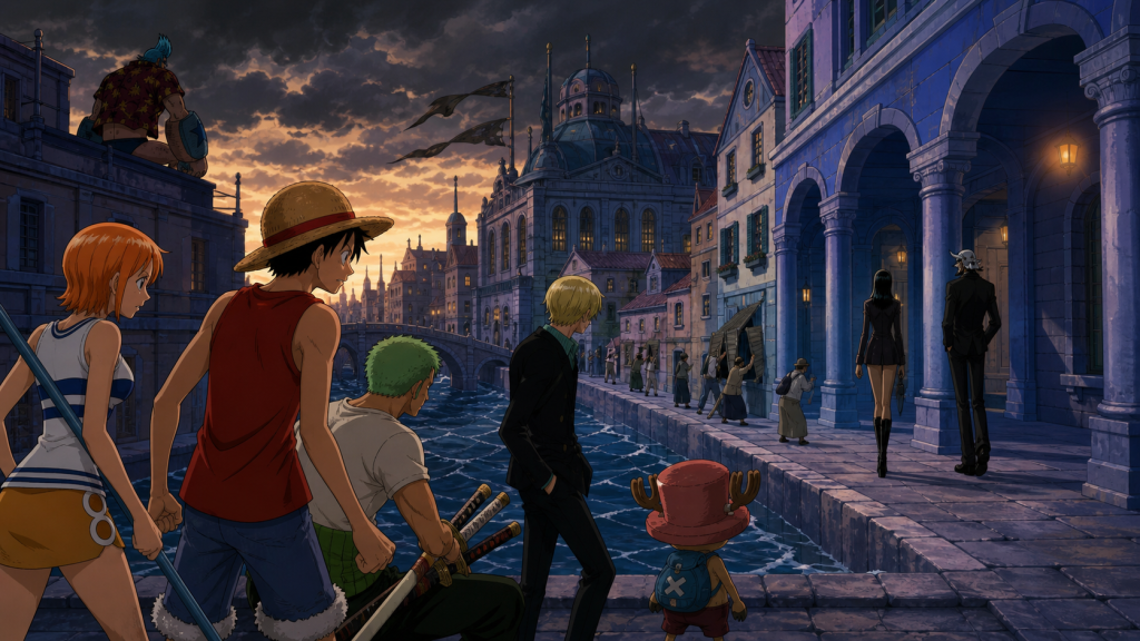 The Straw Hats watch Robin walk beside a masked government agent through storm-darkened Water 7