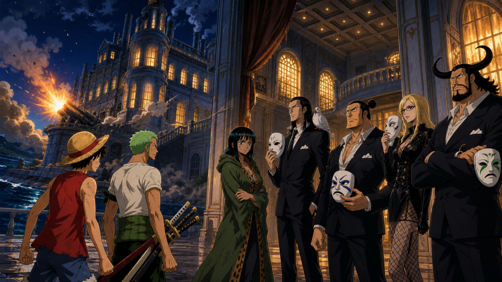 Luffy and Zoro confront Robin and CP9 inside the burning Galley-La mansion