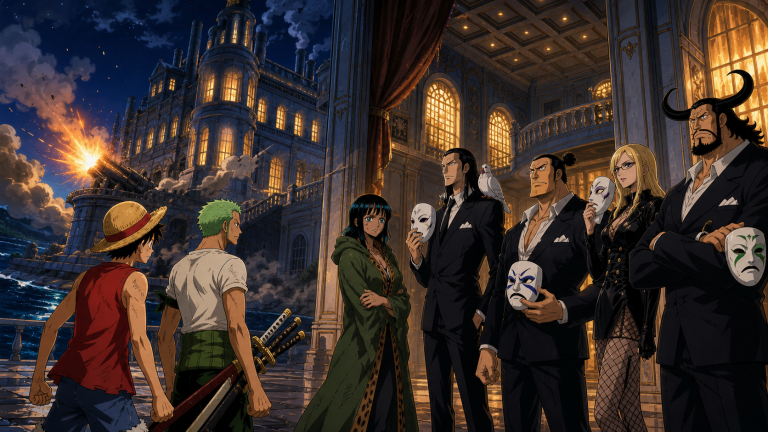Luffy and Zoro confront Robin and CP9 inside the burning Galley-La mansion