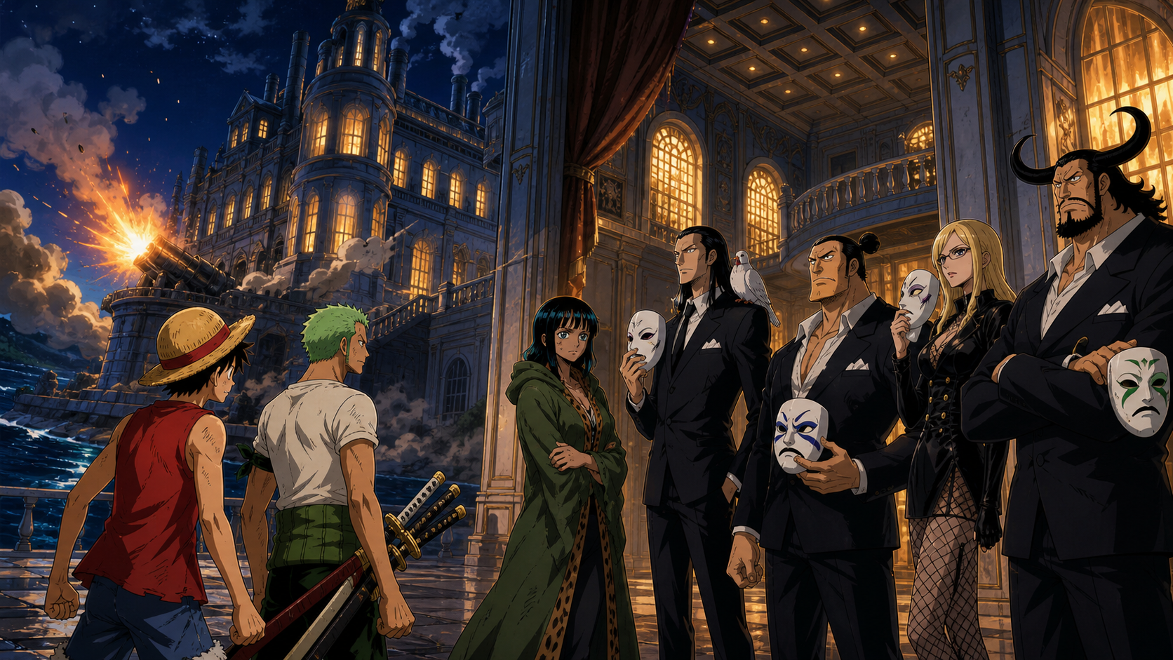 Luffy and Zoro confront Robin and CP9 inside the burning Galley-La mansion