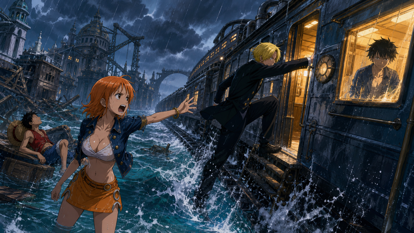 Nami calls across flooded Water 7 as Sanji boards the sea train carrying Robin away