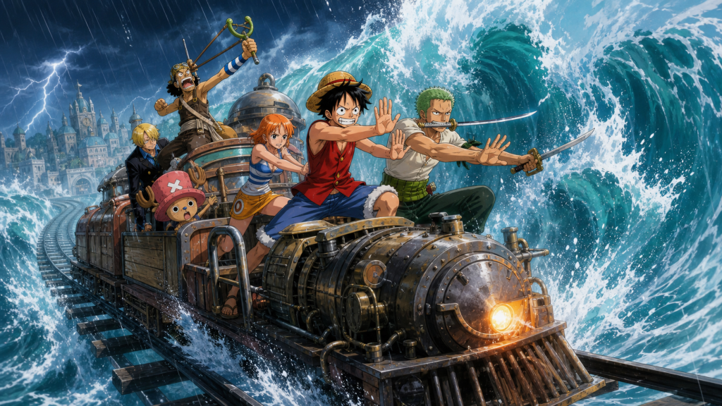 Rocketman carries the Straw Hats and Water 7 rescue coalition toward a towering Aqua Laguna wave
