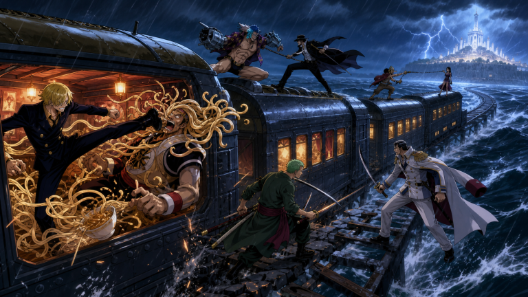 Sanji, Franky, Zoro, and Sogeking fight across the Sea Train while Enies Lobby rises ahead