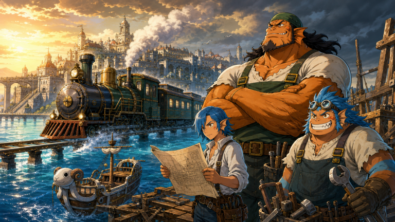 Tom and his two apprentices stand beside the sea train and Water 7