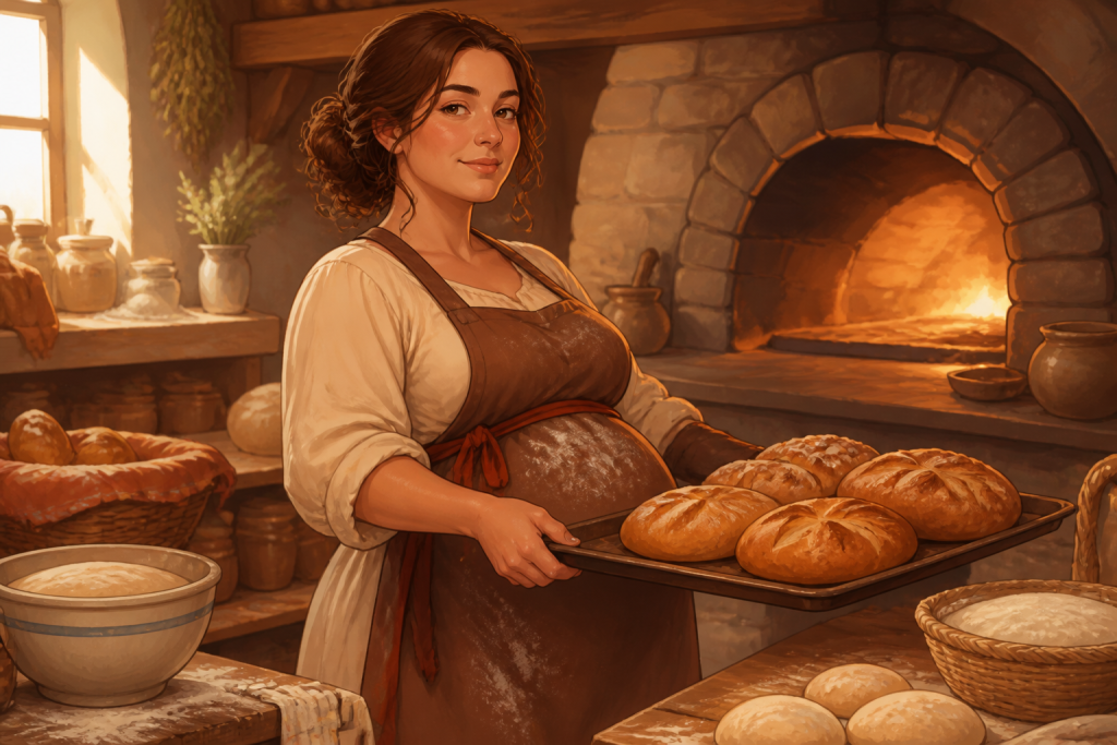 Osono holding fresh bread in the warm bakery kitchen