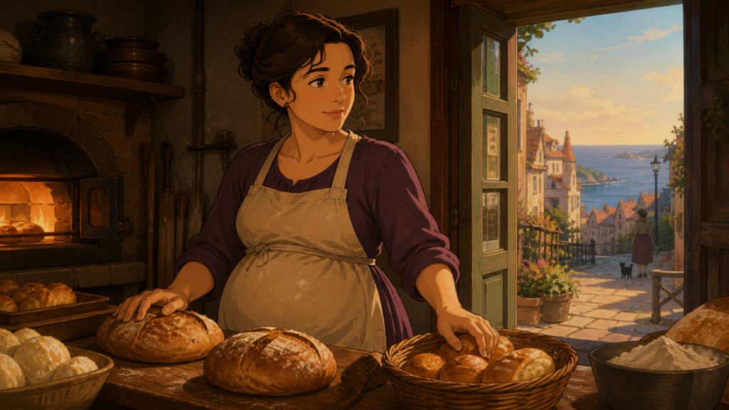 Original fan art of Osono arranging bread in her seaside bakery at dawn