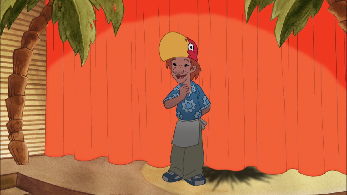 Official episode still of a stage performer animated by Phantasmo during the Maki McCaw show
