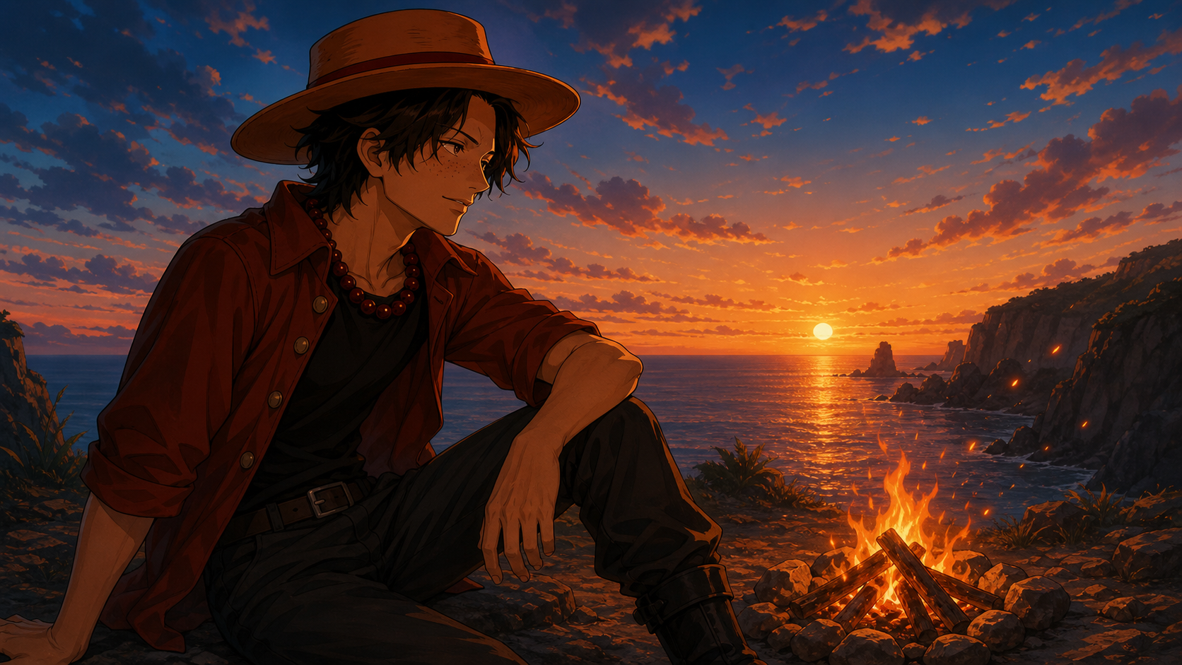 Portgas D. Ace sits beside a coastal campfire at sunset