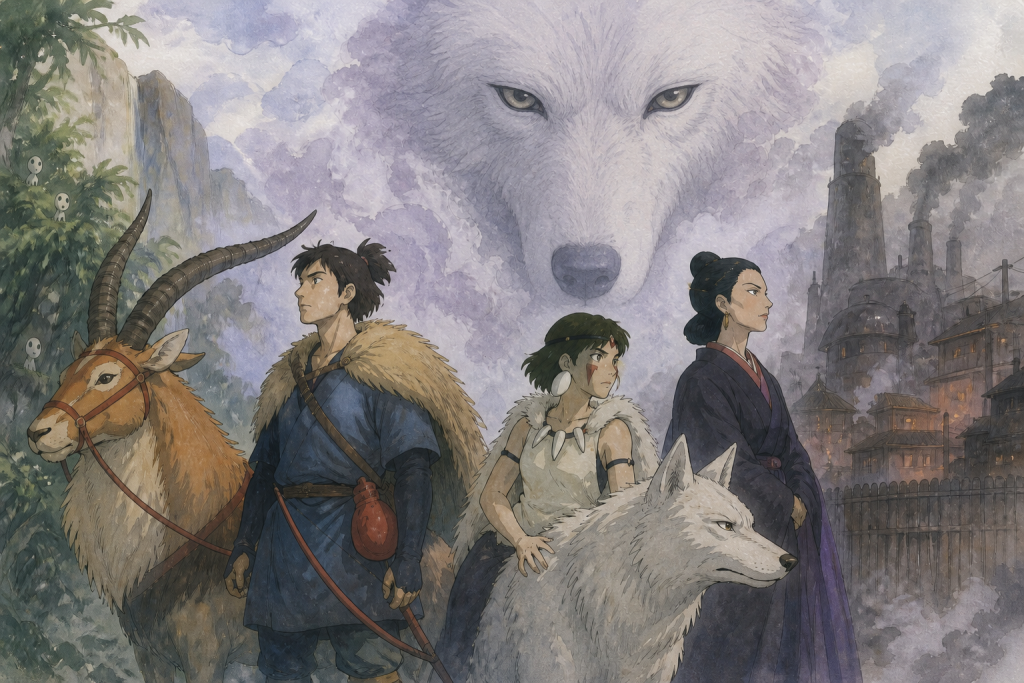 Ashitaka, Yakul, San, Lady Eboshi and white wolves between forest and Iron Town