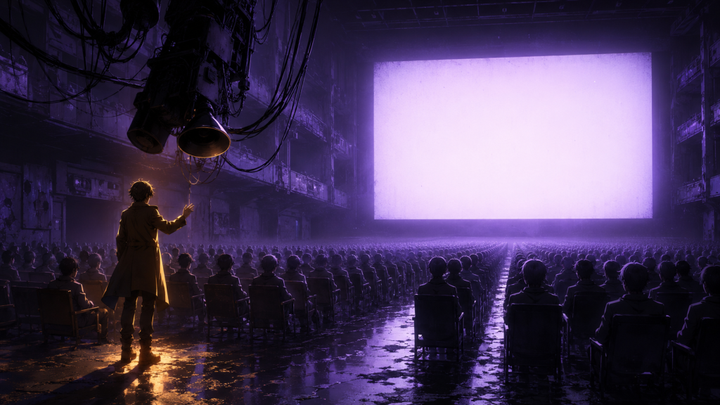 Cinematic anime illustration: rows of identical silhouetted figures face a blank glowing cinema screen while one lone figure, lit in amber, stands apart with a hand raised mid-sentence.