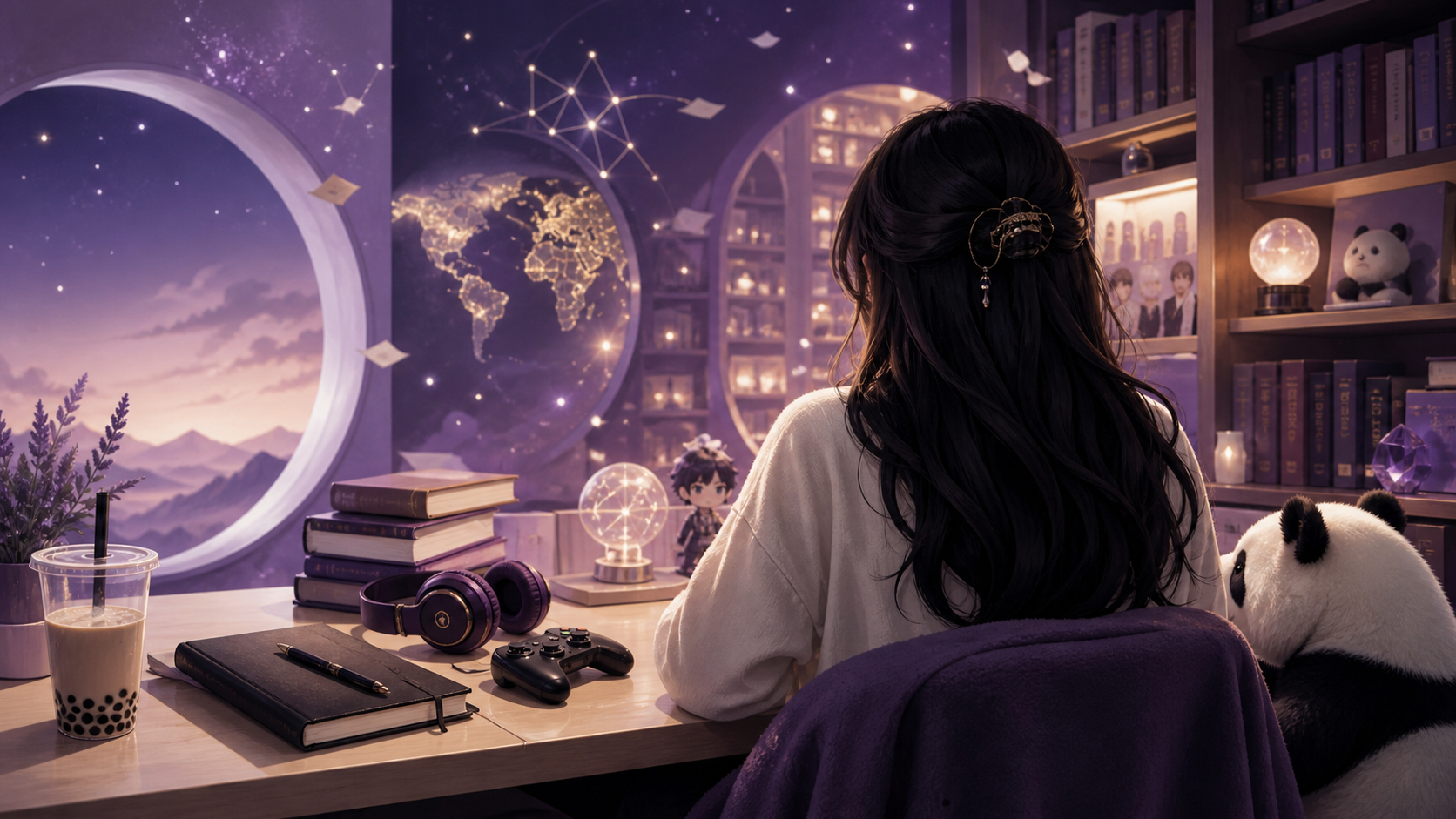 RaeRae seen from behind at a lavender-lit desk with books, a panda, and boba tea