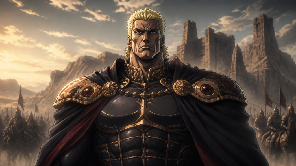 Raoh character portrait before a ruined fortress
