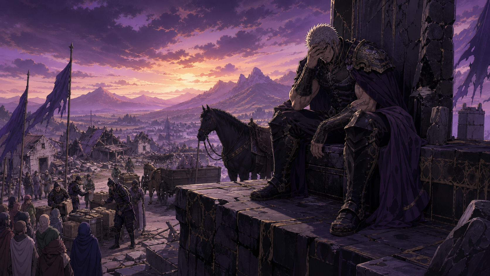 Raoh grieves above a checkpoint where soldiers collect supplies from exhausted villagers