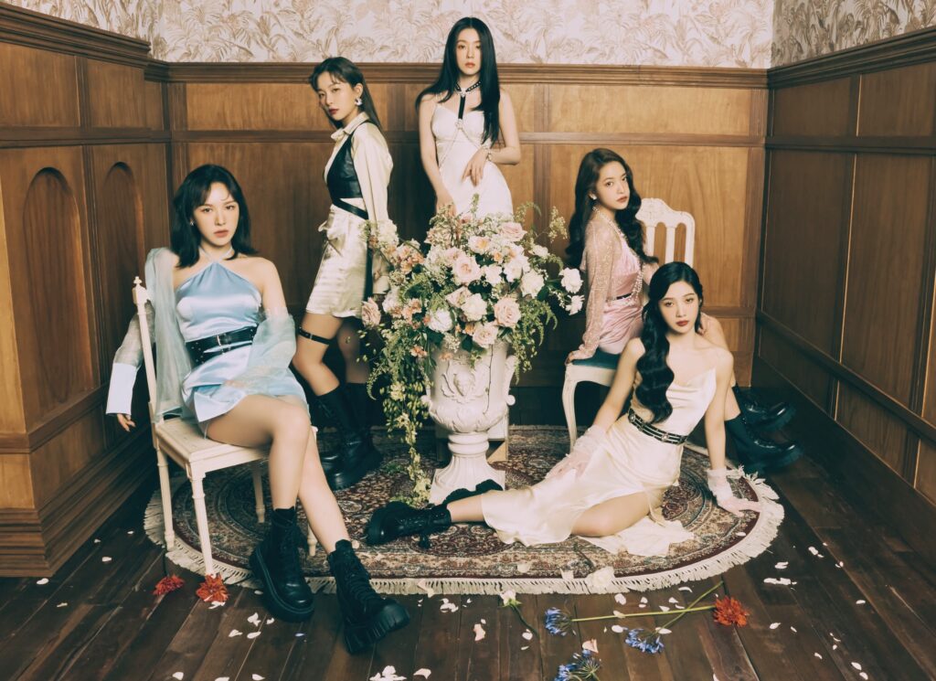 Red Velvet members Irene, Seulgi, Wendy, Joy and Yeri in an official group portrait