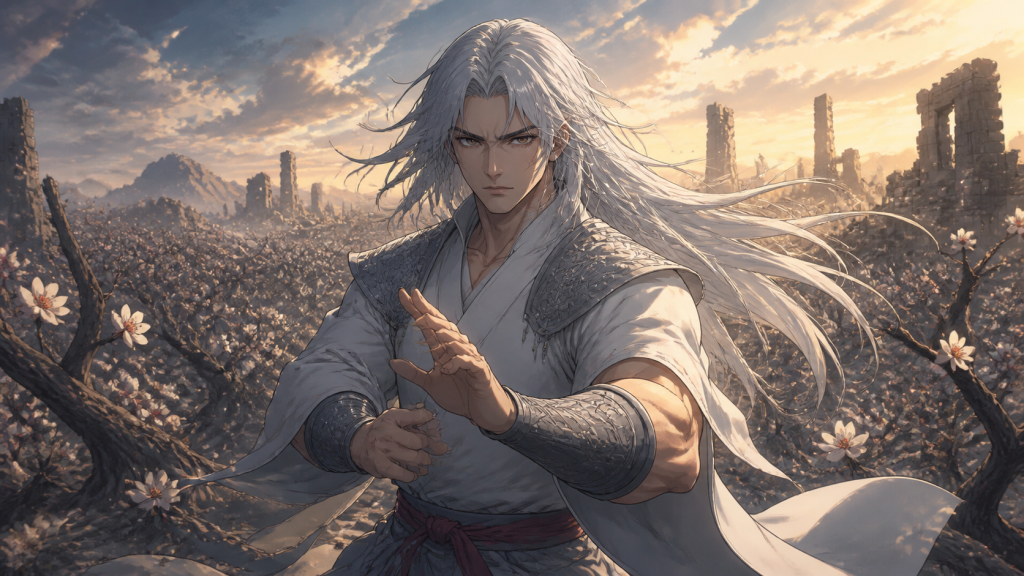 Rei character portrait in a ruined orchard