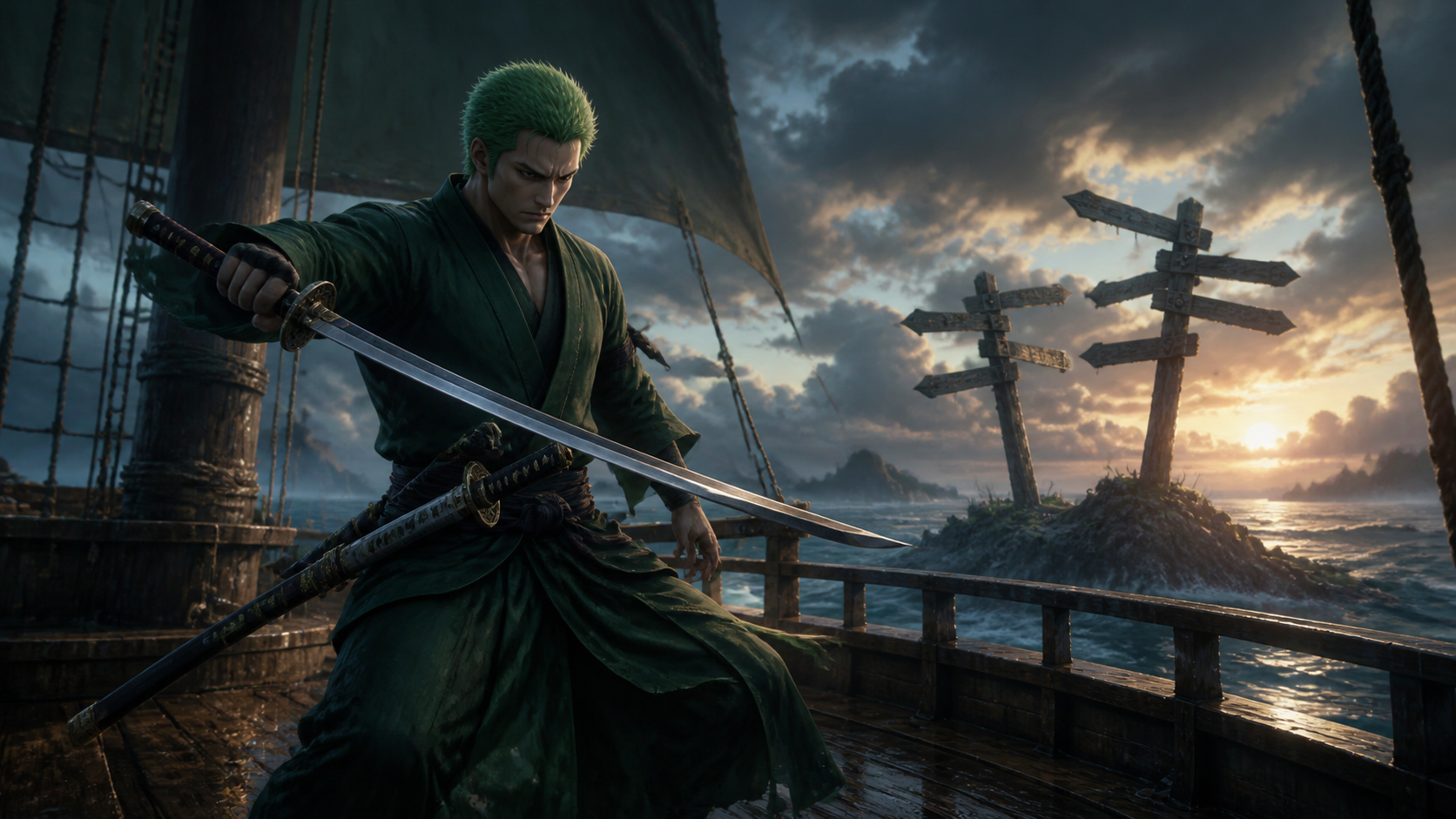 Zoro trains with three swords while contradictory signposts mark the horizon