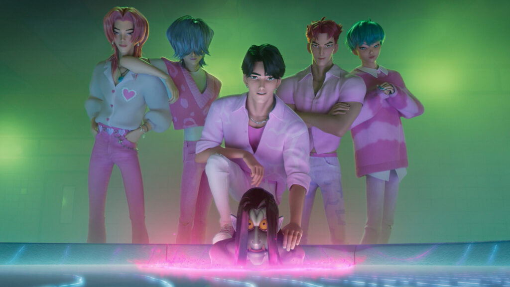 SAJA Boys members Jinu, Abby, Mystery, Romance and Baby from KPop Demon Hunters