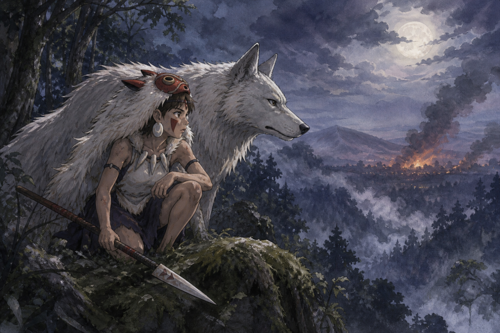 D:\CVM Sekai\CVM Sekai Website\Website\Website Images\Anime\Princess Mononoke\Characters\san-character-profile.png San Character Profile San and a great white wolf watching distant furnace smoke from a moonlit forest ridge[2]