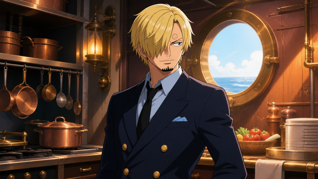 Sanji stands in a ship galley wearing a dark suit beside copper cookware and an ocean porthole