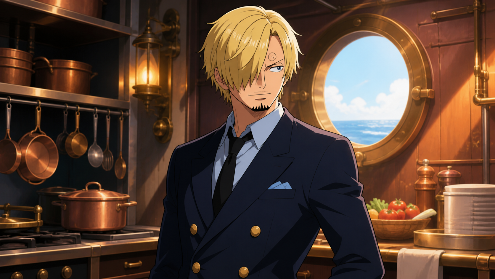 Sanji stands in a ship galley wearing a dark suit beside copper cookware and an ocean porthole