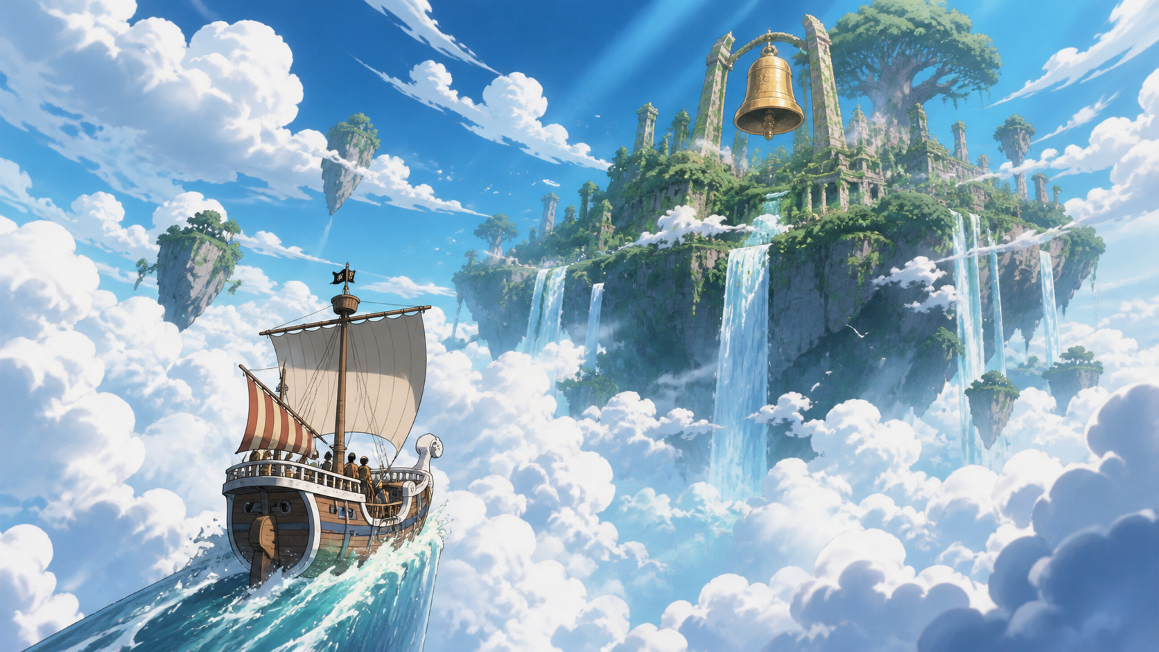 A sailing ship rises through clouds toward ancient ruins and a golden bell