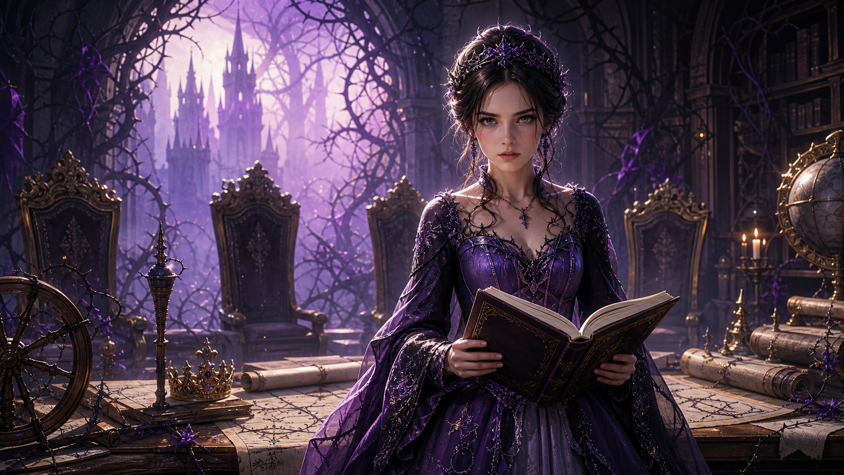 Original CVM Sekai fan art of an awake fairy-tale princess holding her own story while empty thrones surround her