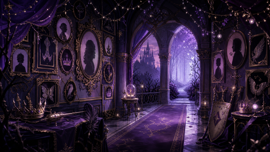 Original CVM Sekai fan art of an enchanted purple character archive connecting a castle, thorn forest, and fairy sanctuary