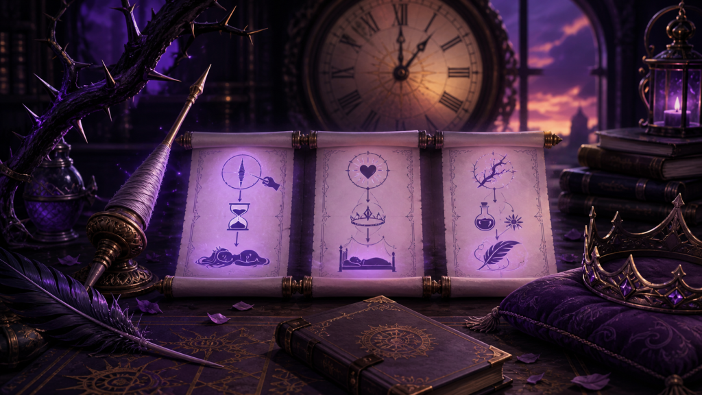 Original CVM Sekai fan art of a spindle clock thorns crowns and spell diagrams arranged as curse evidence