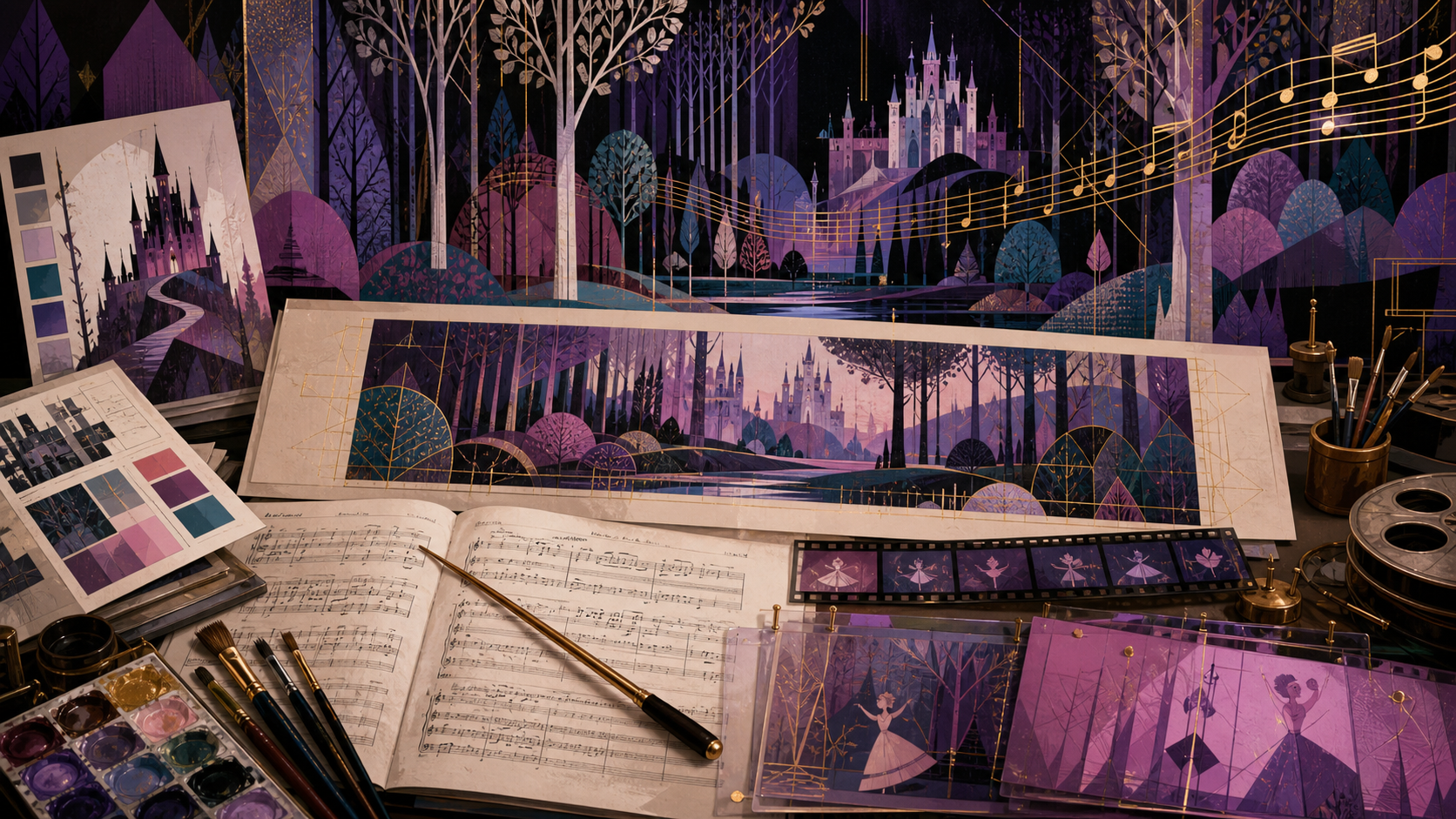 Original CVM Sekai fan art of geometric forest layouts color keys animation cels and orchestral music on a production desk