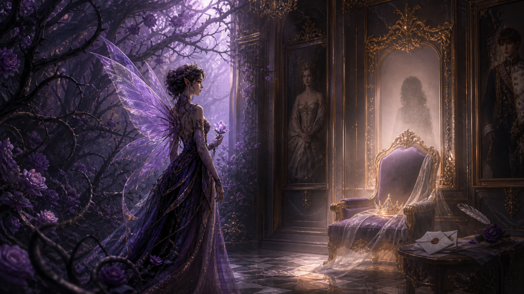 Original CVM Sekai fan art of a winged fairy facing an empty queens chair and faded royal portrait