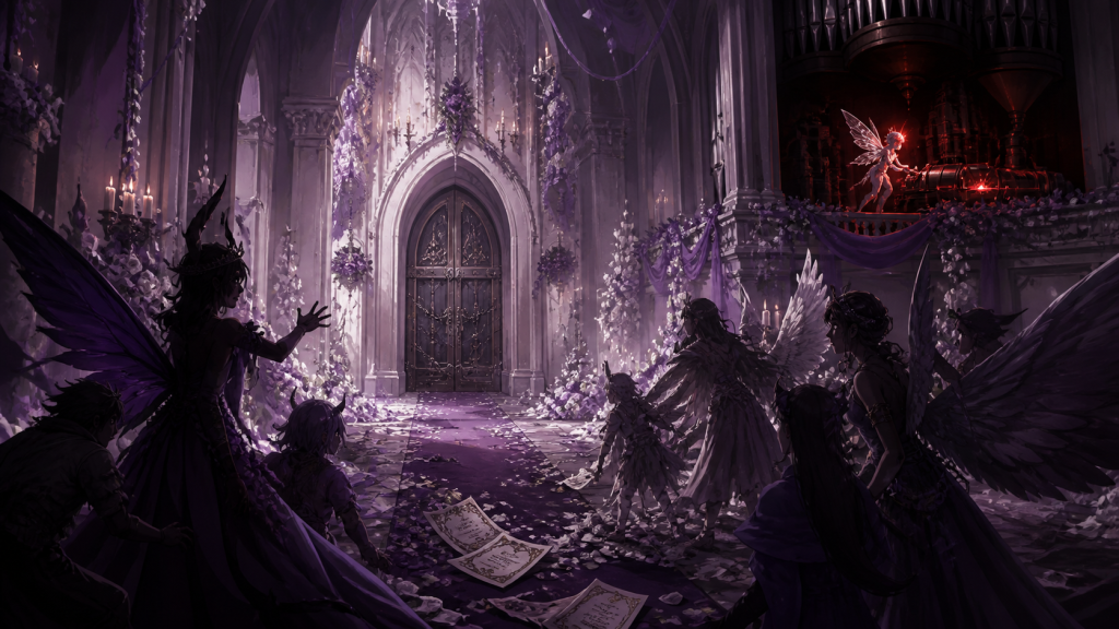 Original CVM Sekai fan art of magical wedding guests trapped inside a church while red dust machinery activates