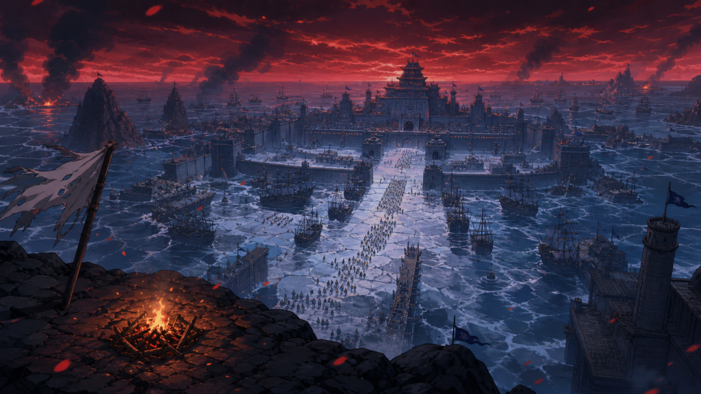 Fleets converge on a fortified frozen harbor beneath a red storm sky
