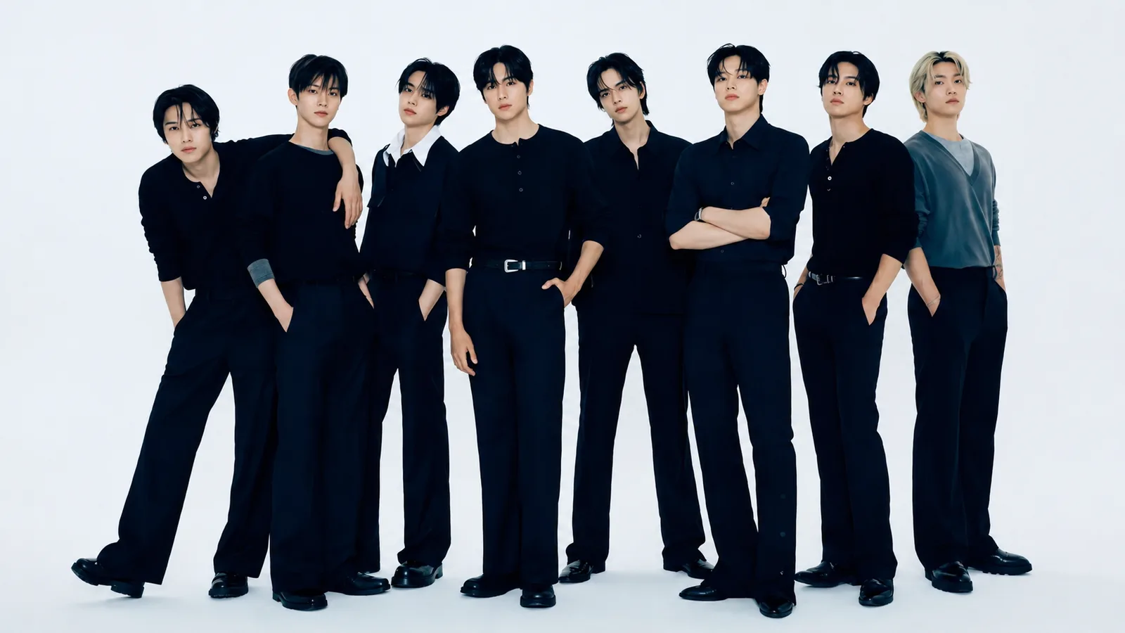 Sangyeon, Jacob, Younghoon, Hyunjae, Juyeon, Kevin, Q, Sunwoo and Eric in the THE BOYZ nine-member announcement image.