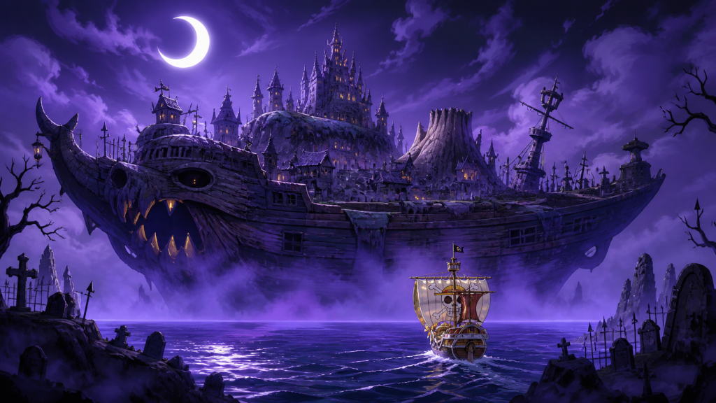 A small ship approaches the immense haunted vessel of Thriller Bark beneath a crescent moon