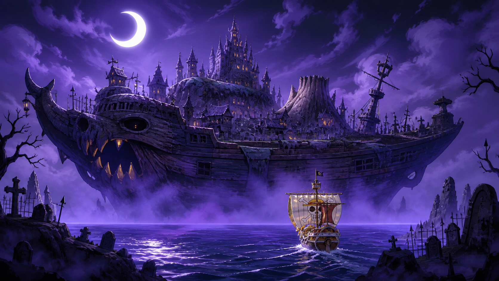 A small ship approaches the immense haunted vessel of Thriller Bark beneath a crescent moon