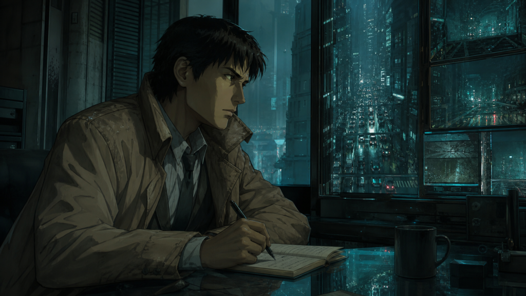 Togusa writing in an analog notebook beside near-future city surveillance displays