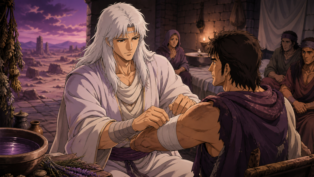 Original-era Toki treating an injured survivor in a wasteland clinic