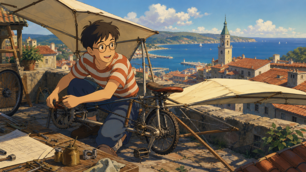 Tombo adjusts a handmade flying machine above a sunlit coastal city in original Kiki’s Delivery Service fan art