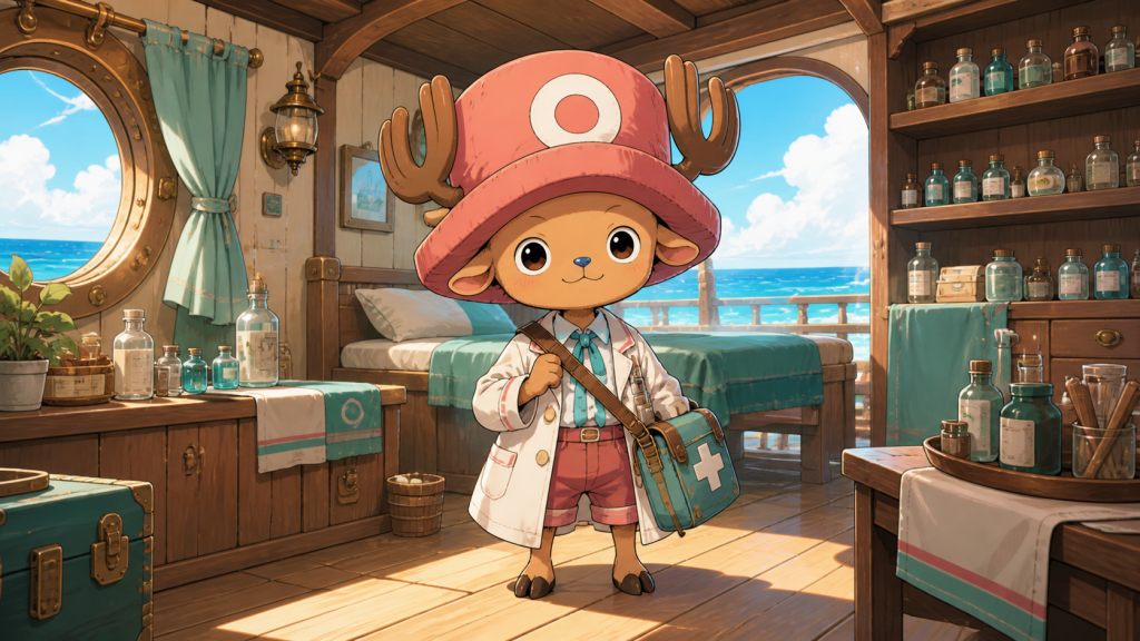 Chopper stands in a bright ship infirmary wearing a doctor coat and carrying a medical satchel