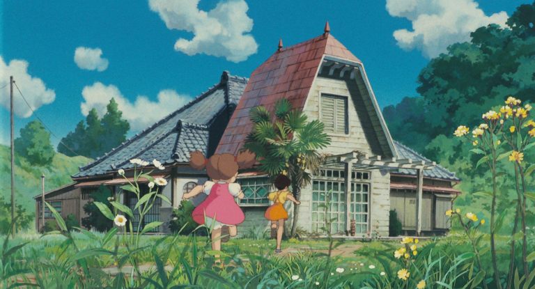 Satsuki and Mei running toward the Kusakabe family house