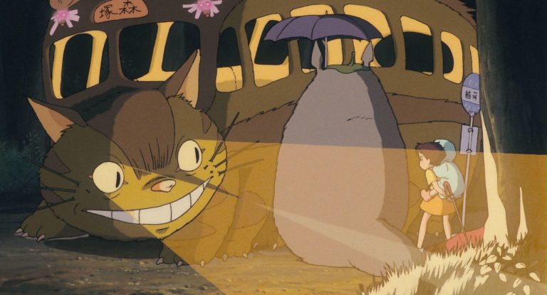 Satsuki and Totoro waiting beside Catbus at night