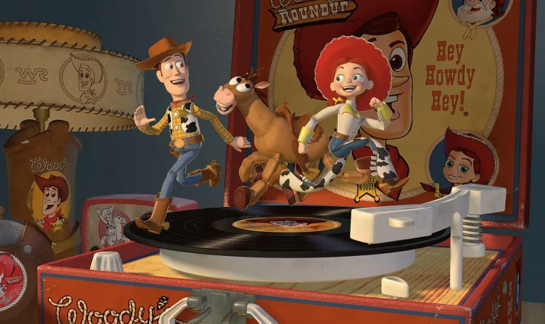 Woody, Jessie, and Bullseye performing inside the Woody’s Roundup display in Toy Story 2