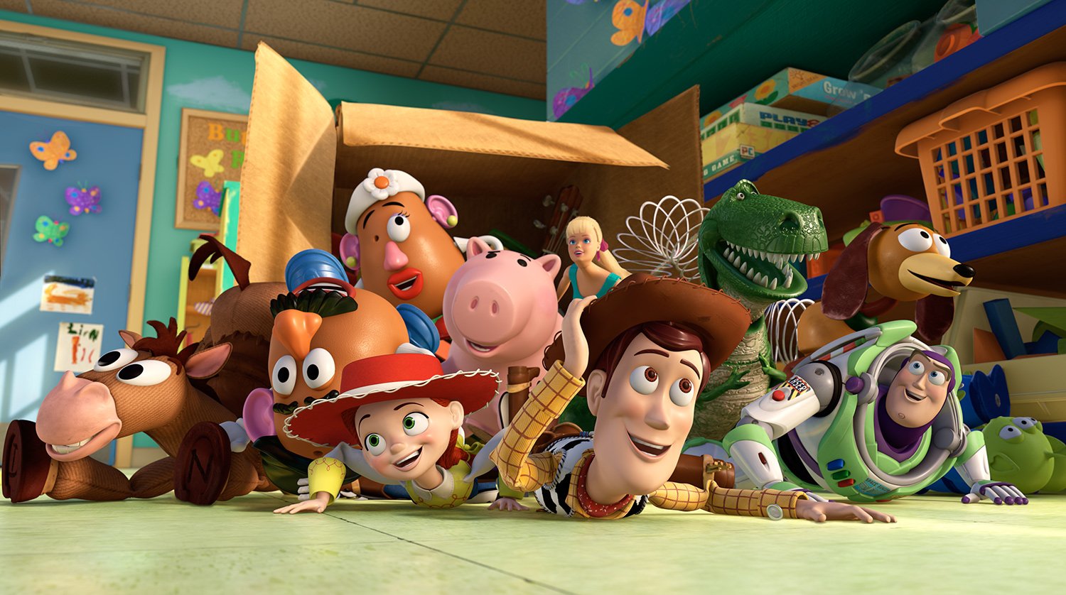 Woody, Buzz, Jessie, and Andy’s toys arriving together at Sunnyside Daycare in Toy Story 3