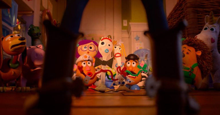 Forky and Karen Beverly marry in front of Bonnie’s assembled toys in Toy Story 5
