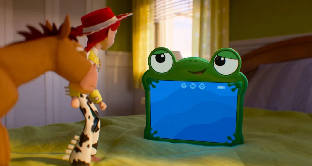 Jessie and Bullseye face Lilypad in Bonnie’s bedroom during Toy Story 5