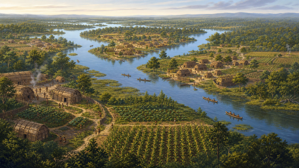 tsenacomoco-powhatan-world-guide-original-art.png Tsenacomoco and Powhatan World Guide Original Art Original CVM Sekai interpretive landscape of connected tidal communities, agriculture, homes and water travel in Tsenacomoco[2]