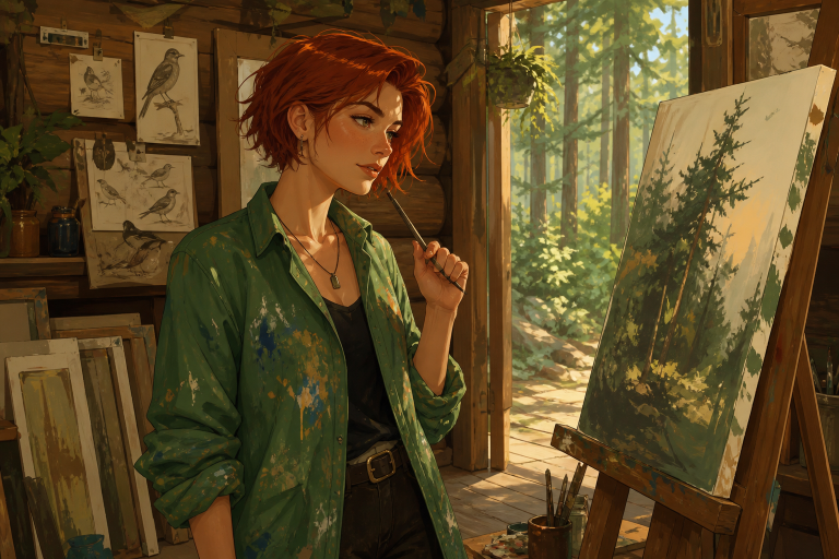 Ursula painting in her sunlit forest cabin studio