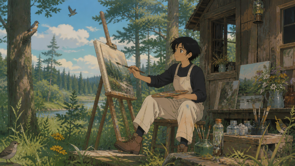 Ursula paints beside her forest cabin in original Kiki’s Delivery Service fan art