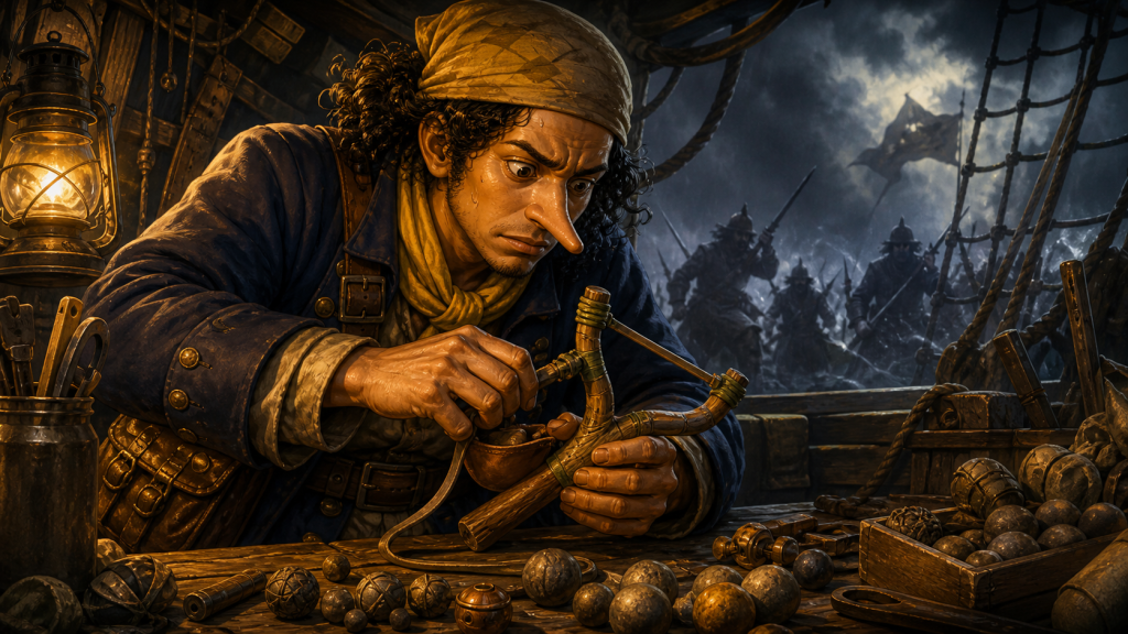 Usopp repairs a slingshot and prepares ammunition while danger gathers beyond the ship